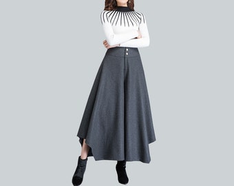 Wide leg pants women, Wool skirt pants, asymmetric pants, cropped pants, flare skirt pants, plus size trousers, casual customized pants P004