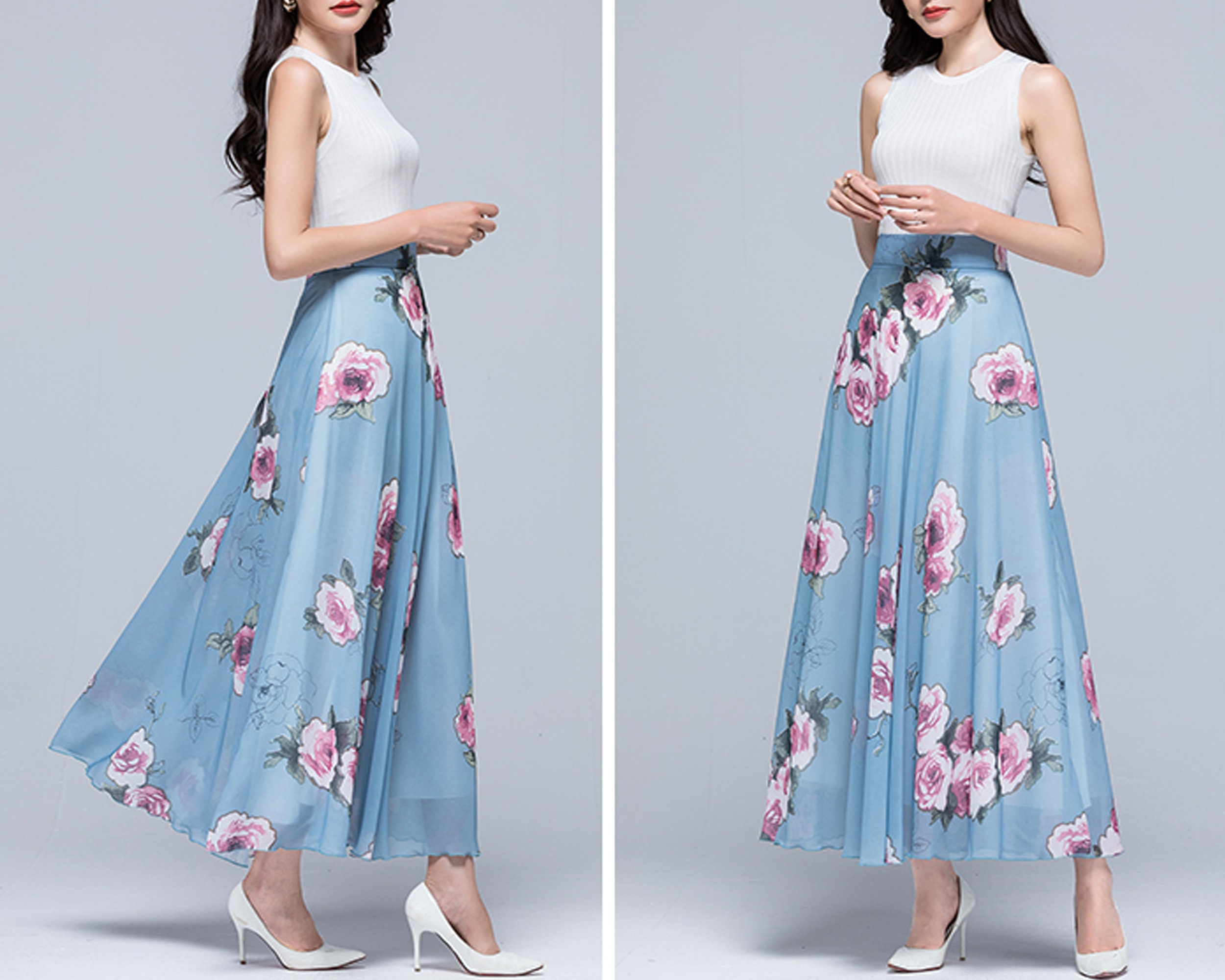 【新品未使用】PHEENY PRINT CHIFFON TIERED SKIRT Green Damask Printed Tiered Chiffon Maxi Skirt - Retro