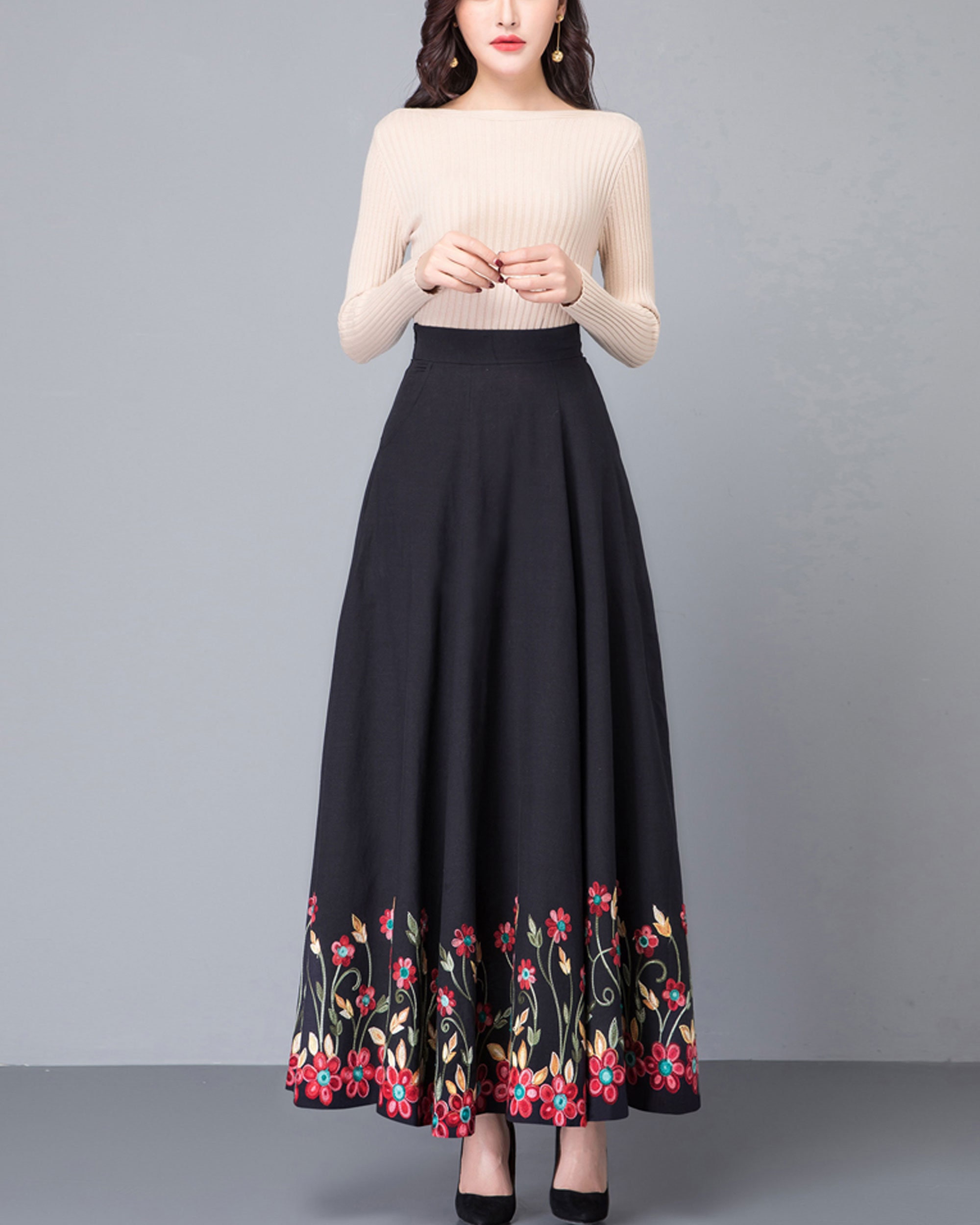 Women's Embroidered Skirt, Elastic Waist Skirt, Maxi Skirt Women's Embroidered Skirt, Elastic Waist Skirt, Maxi Skirt