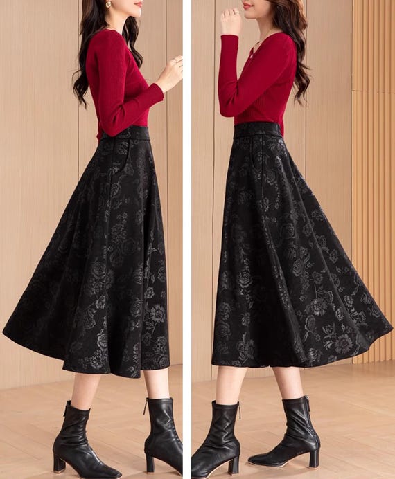 Jacquard Midi Skirt: High Waist Cotton Blend Flare Skirt - Etsy