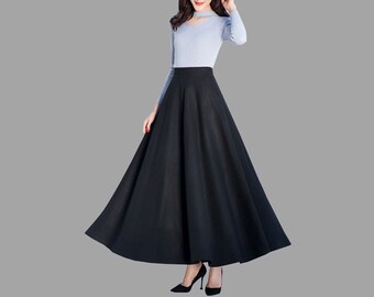 Wool Maxi Skirt: Black High Waist Vintage Skirt