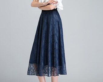 Dark Blue Lace Skirt, Midi Skirt, Vintage Skirt, High Waist
