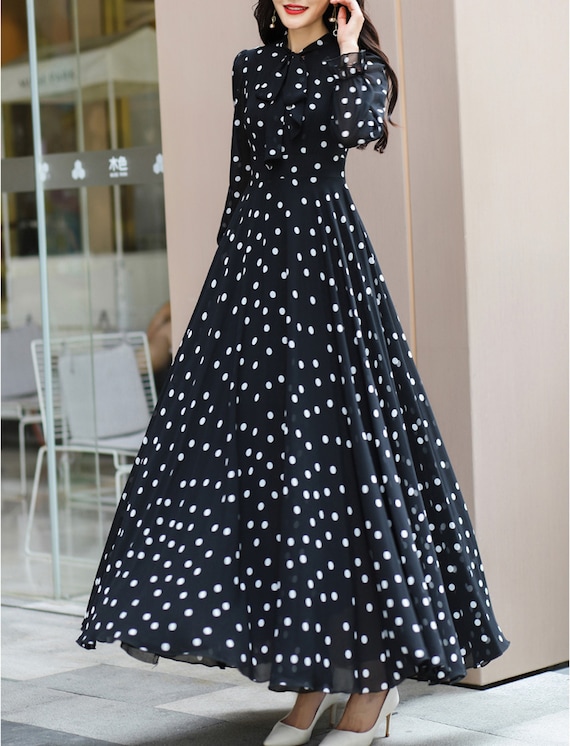 Women's Floral Chiffon Dress, Black Dress, Maxi Dress, Long