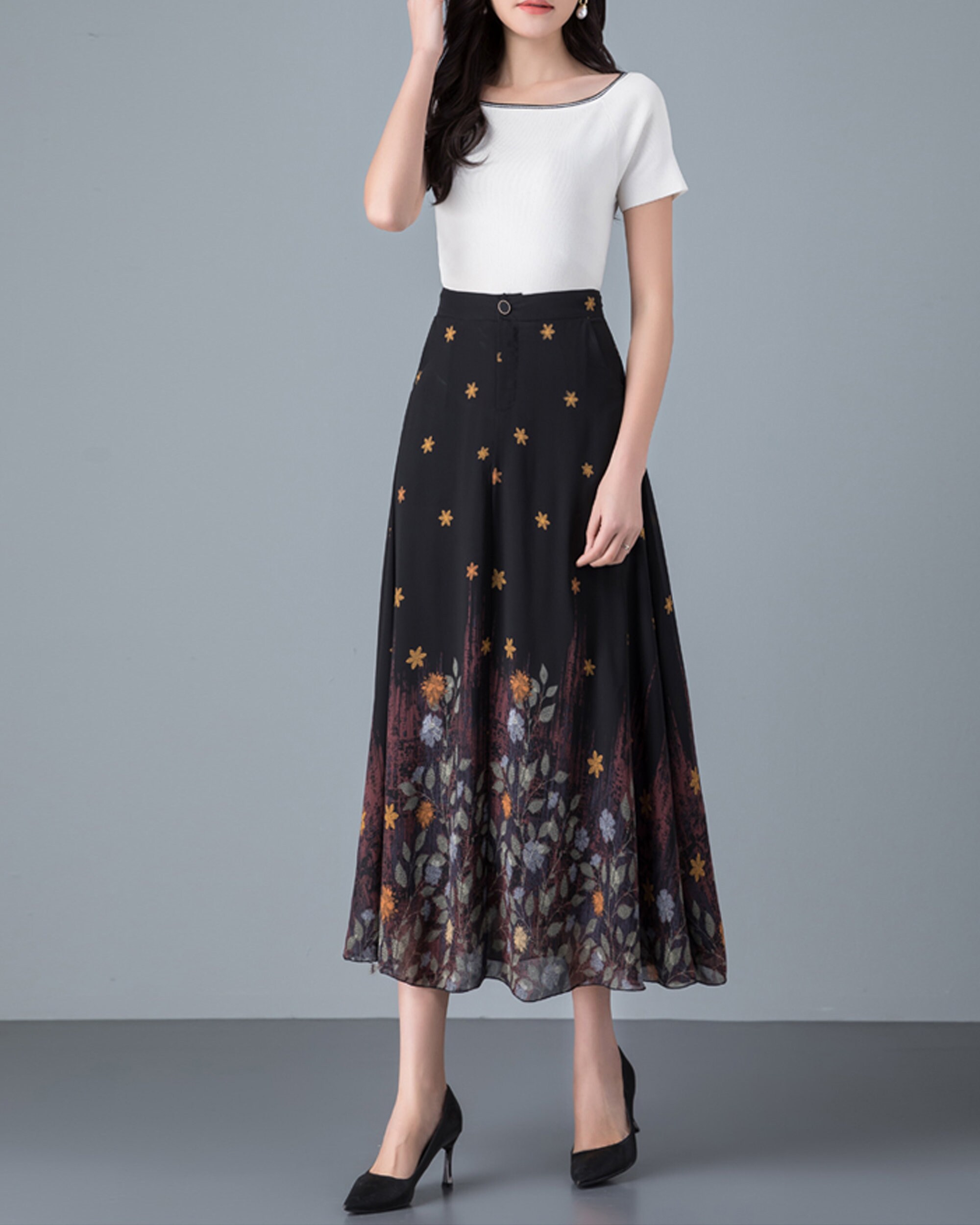 Floral Chiffon Midi Skirt: High Waist A-line Flare - Etsy 