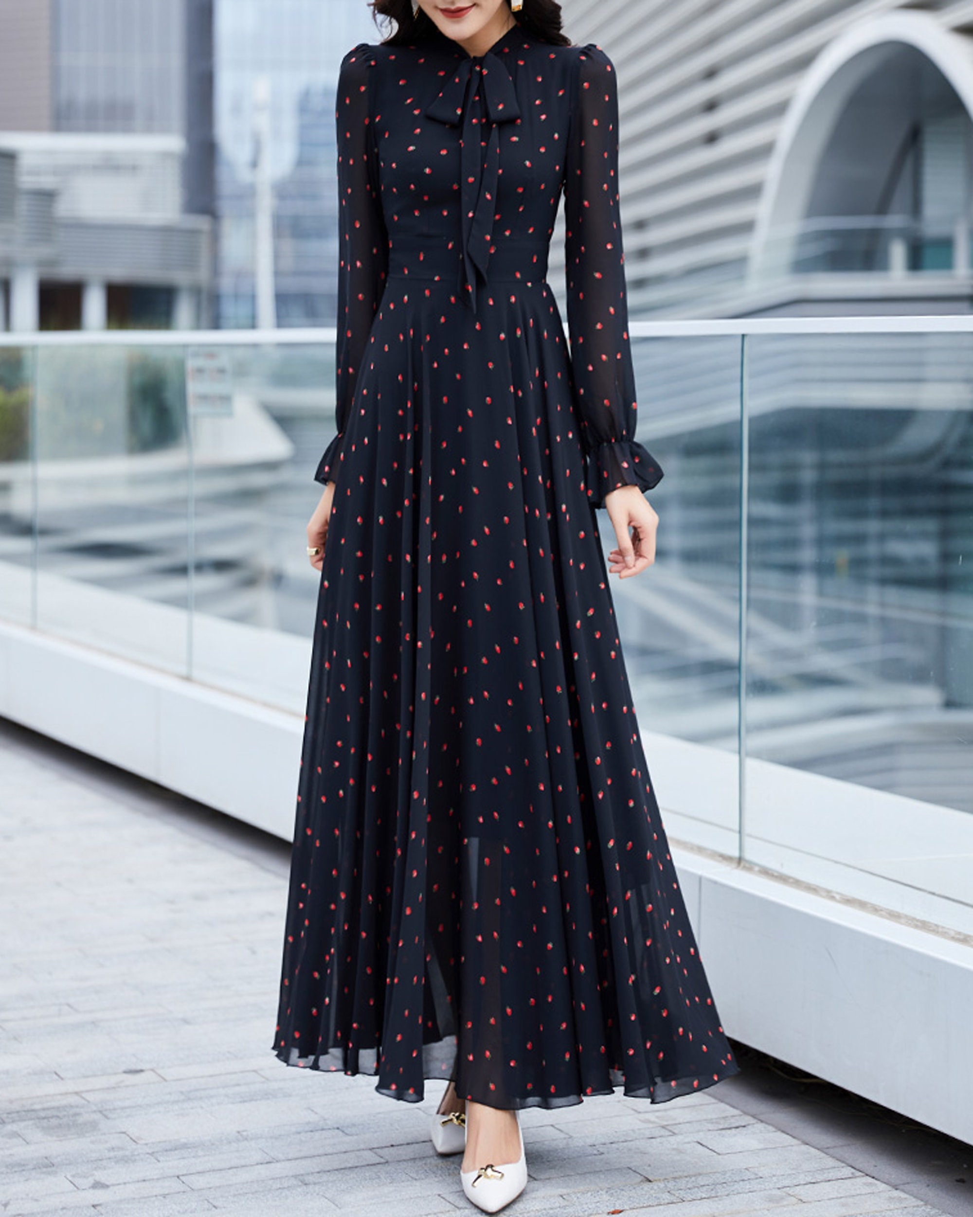 Floral Chiffon Maxi Dress: Long Sleeve A-Line Flare Dress