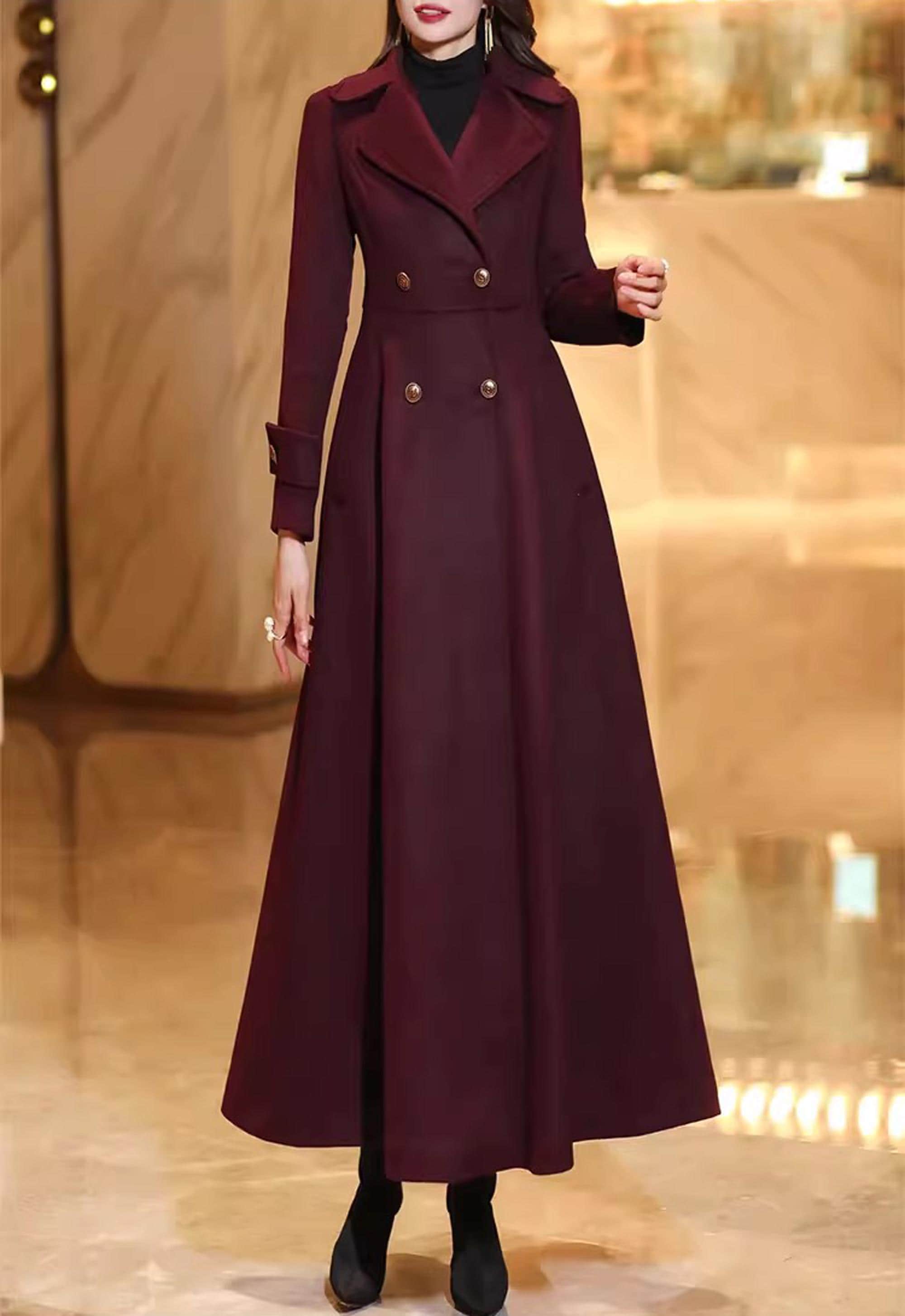 ワインレッドのウールコートドレス：ロングダブルブレストジャケット