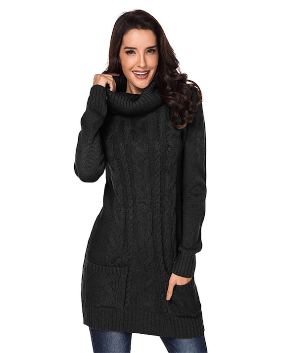 Robe pull femme, robe pull col roulé, robe tunique, pull tricoté