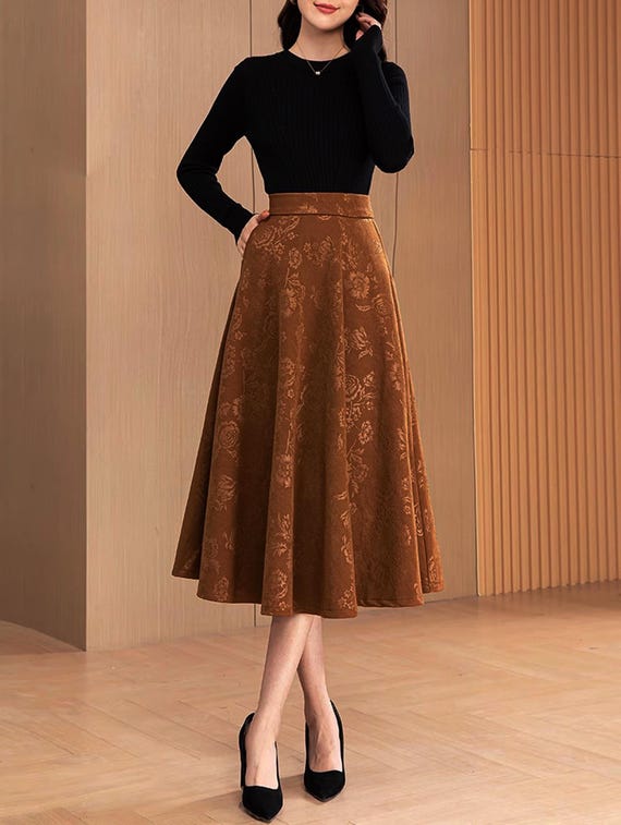 Jacquard Midi Skirt: High Waist Cotton Blend Flare Skirt - Etsy