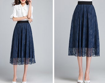 Dark blue Lace skirt, midi skirt, vintage skirt, high waist skirt, elastic waist skirt, customized skirt, black skirt A0021