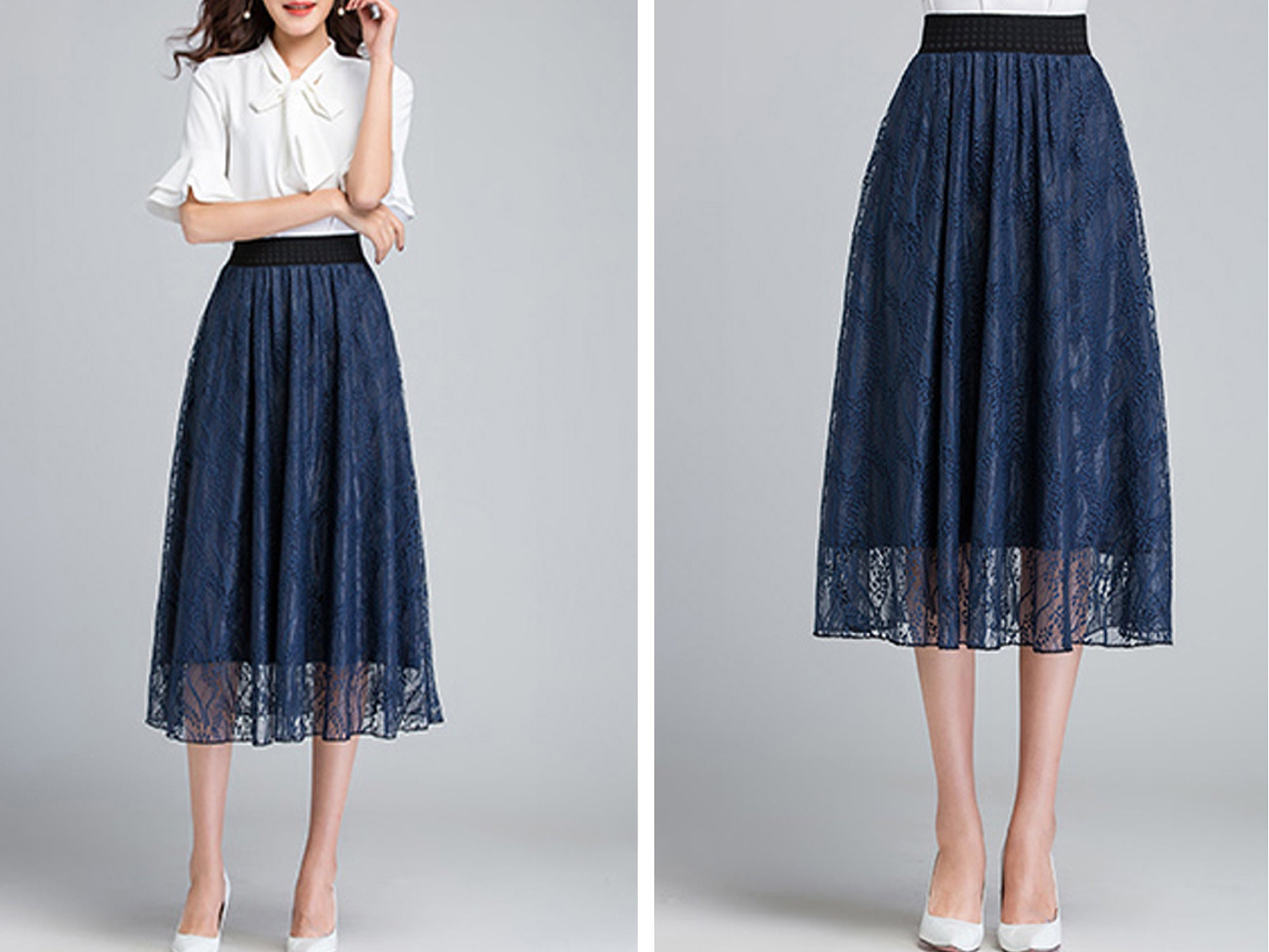 [LOW CLASSIC] / ☆ 25SS LACE MIDI SKIRT / BLUE NAVY Dark Blue Lace Skirt, Midi Skirt, Vintage Skirt, High Waist