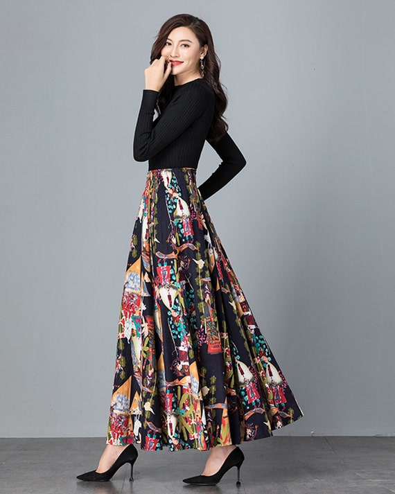 Women's Printed Skirt, Elastic Waist Skirt, Maxi Skirt