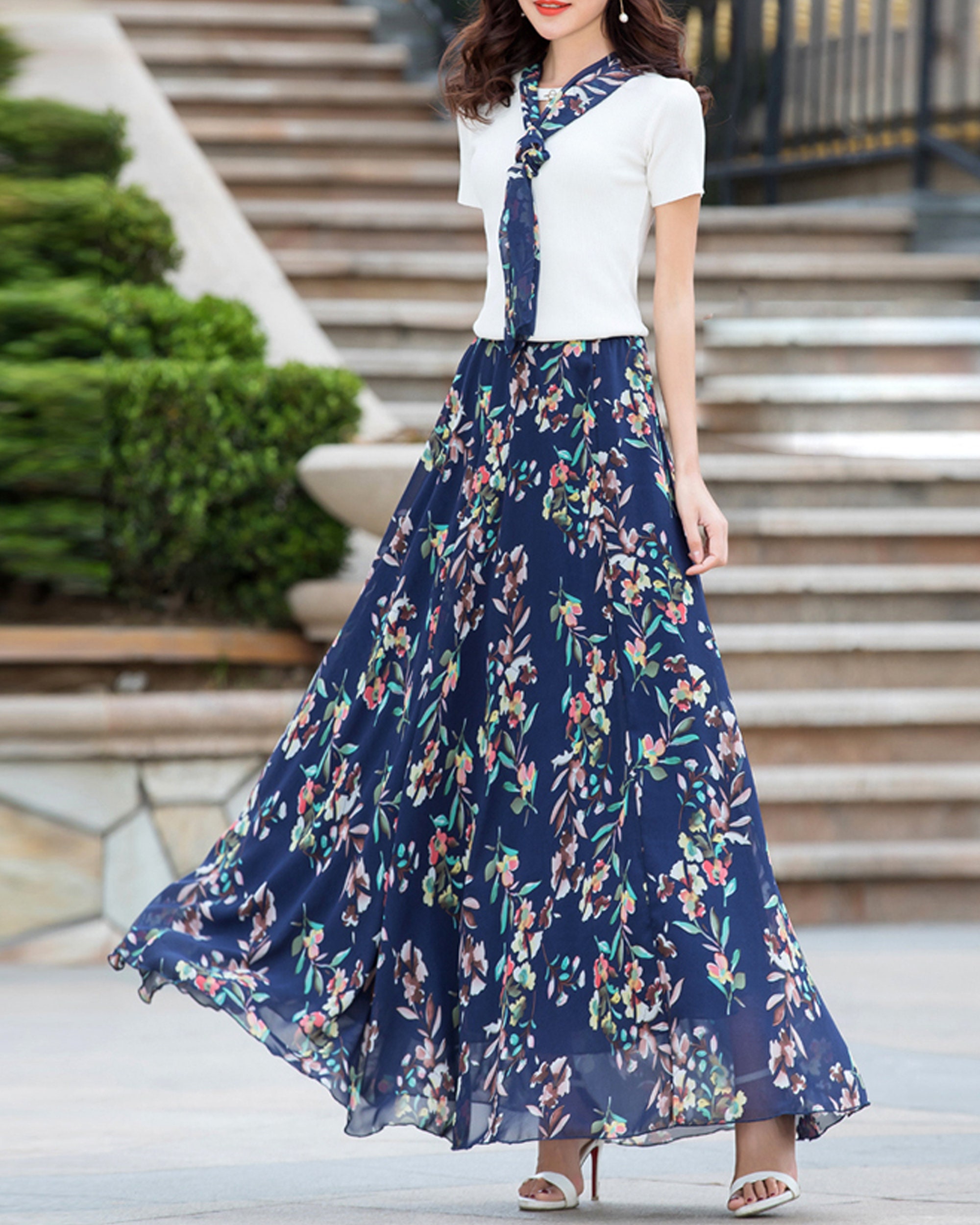 Chiffon Floral Skirt, Printed Skirt, Elastic Waist Skirt Chiffon Floral Skirt, Printed Skirt, Elastic Waist Skirt