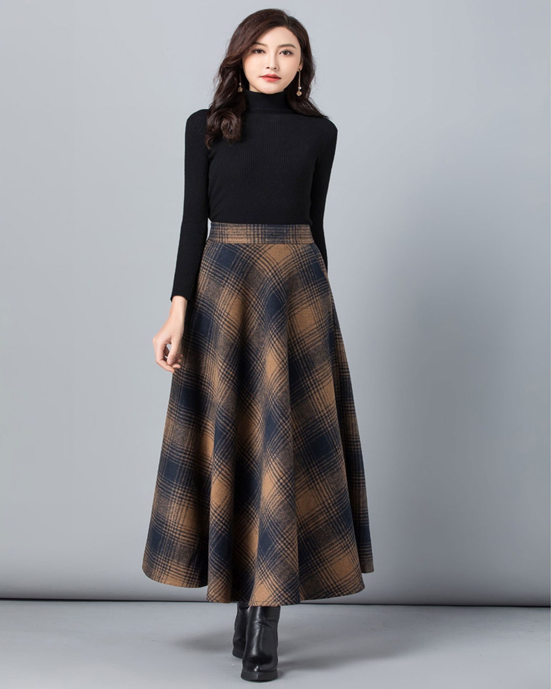 Plaid Skirt Winter Skirt Wool Skirt Black Skirt Long Wool - Etsy