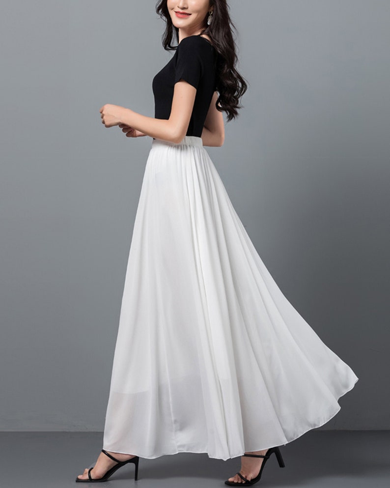 Women's maxi skirt, Elastic waist skirt, flare skirt, chiffon skirt, high waist skirt, long skirt, A-line skirt, white skirt A0012 image 2