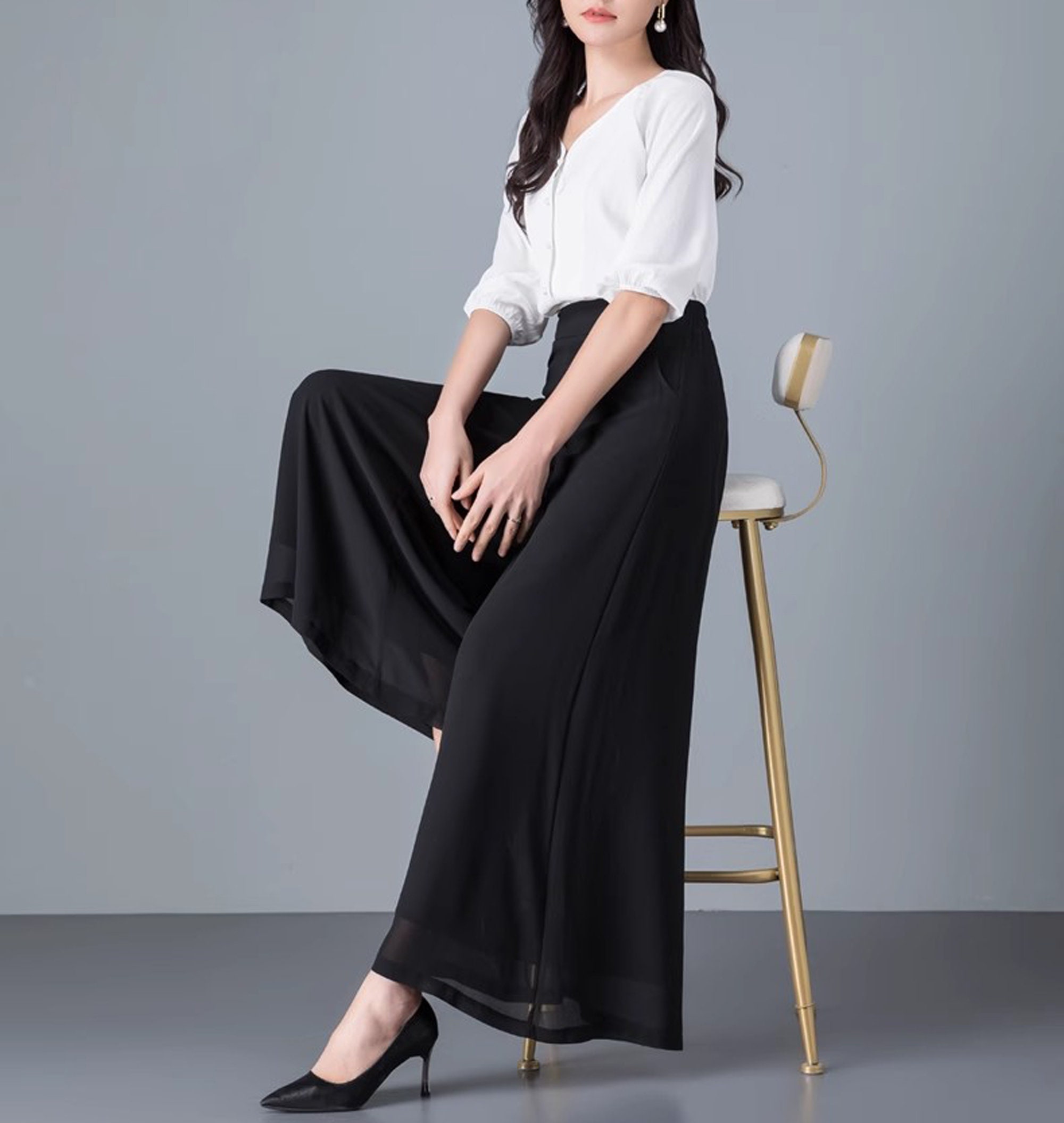 Women's Chiffon Skirt Pants, Wide Leg Pants, Black Skirt