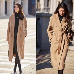 Wool coat women, winter coat, long jacket, double breasted jacket, coat dress, Camel wool long coat, warm coat, plus size coat Y056