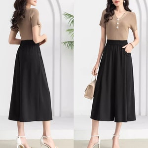 Cropped pants, Wide leg pants, summer pants, elastic waist pants, flare skirt pants, plus size trousers, customized pants P039