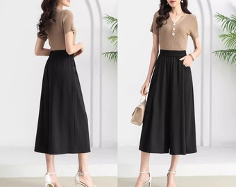 Cropped pants, Wide leg pants, summer pants, elastic waist pants, flare skirt pants, plus size trousers, customized pants P039