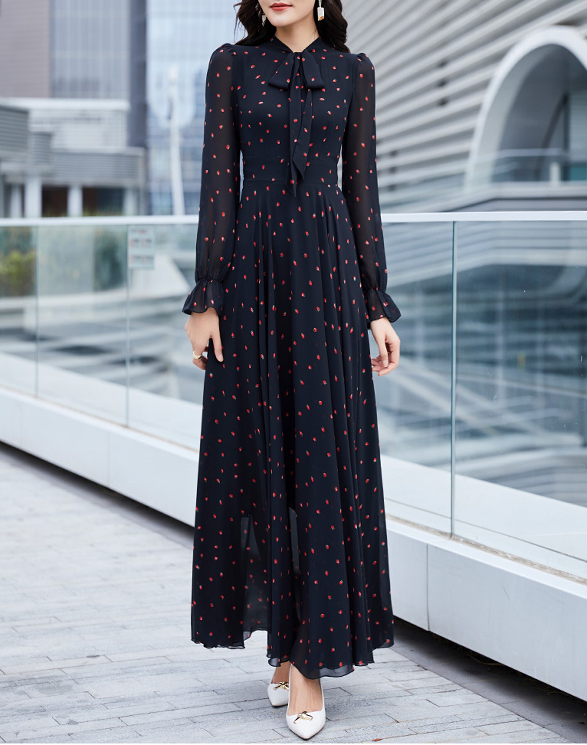 Floral Chiffon Maxi Dress: Long Sleeve A-Line Flare Dress