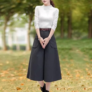 Wool skirt, midi skirt, Winter skirt, dark gray skirt, long skirt, vintage skirt, high waist skirt, flare skirt, Wool skirt with belt Q0050