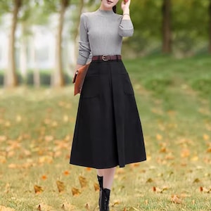 Wool skirt, midi skirt, Winter skirt, dark gray skirt, long skirt, vintage skirt, high waist skirt, flare skirt, Wool skirt with belt Q0050