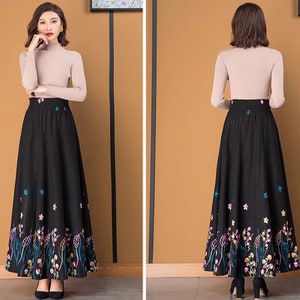 Winter skirt, Embroidery skirt, long skirt, long skirt, vintage skirt, high waist skirt, maxi skirt, elastic waist skirt Q009