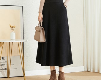 Midi skirt, Wool skirt, Winter skirt, dark gray skirt, long skirt, vintage skirt, high waist skirt, flare skirt, pleated skirt Q0085