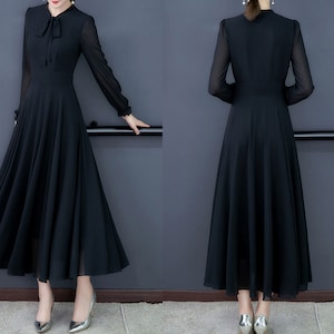 Women's Midi Dress, Chiffon A-line Dress, Long Sleeve Dress, Flare Dress, Plus  Size Dress, Customized Dress, Black Dress Q0018 