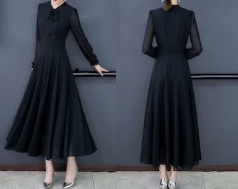 Women s Midi Dress Chiffon A line Dress Long Sleeve Dress Flare Dress Plus Size Dress Customized Dress Black Dress Q0018 Etsy