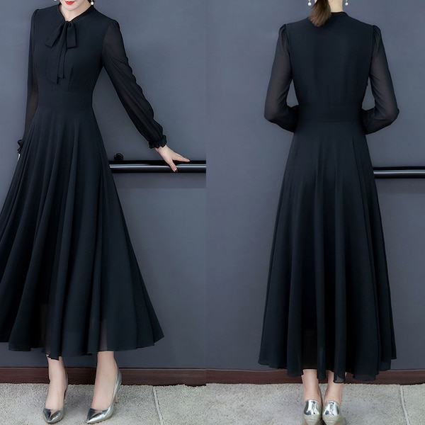 Women's midi dress, chiffon A-line dress, long sleeve dress, flare dress, plus size dress, customized dress, black dress Q0018