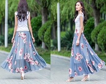 Chiffon Floral Skirt, Printed Skirt, Elastic Waist Skirt
