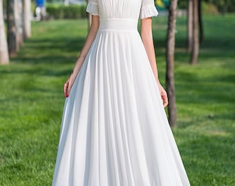 Chiffon Maxikleid: Damen A-Linie Sommerkleid mit Rundhalsausschnitt