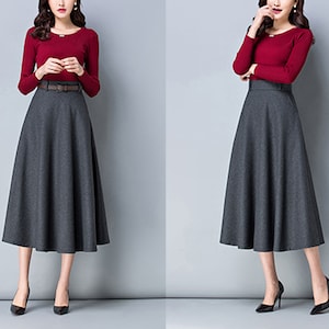 Wool skirt, midi skirt, Winter skirt, dark gray skirt, long skirt, vintage skirt, high waist skirt, flare skirt, Wool skirt with belt Q0025