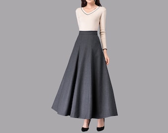 Wool maxi skirt, Winter skirt, dark gray skirt, long skirt, vintage skirt, high waist skirt, flare skirt Q011