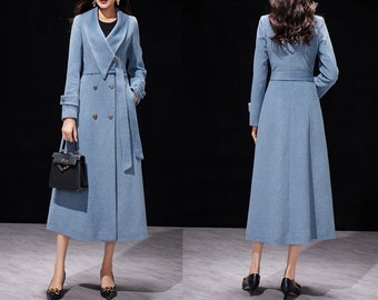 Winter coat, Wool coat women, long jacket, double breasted jacket, coat dress, light blue coat, warm coat, plus size coat Y038