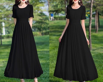 Chiffon Maxikleid: Damen A-Linie Sommerkleid mit Rundhalsausschnitt
