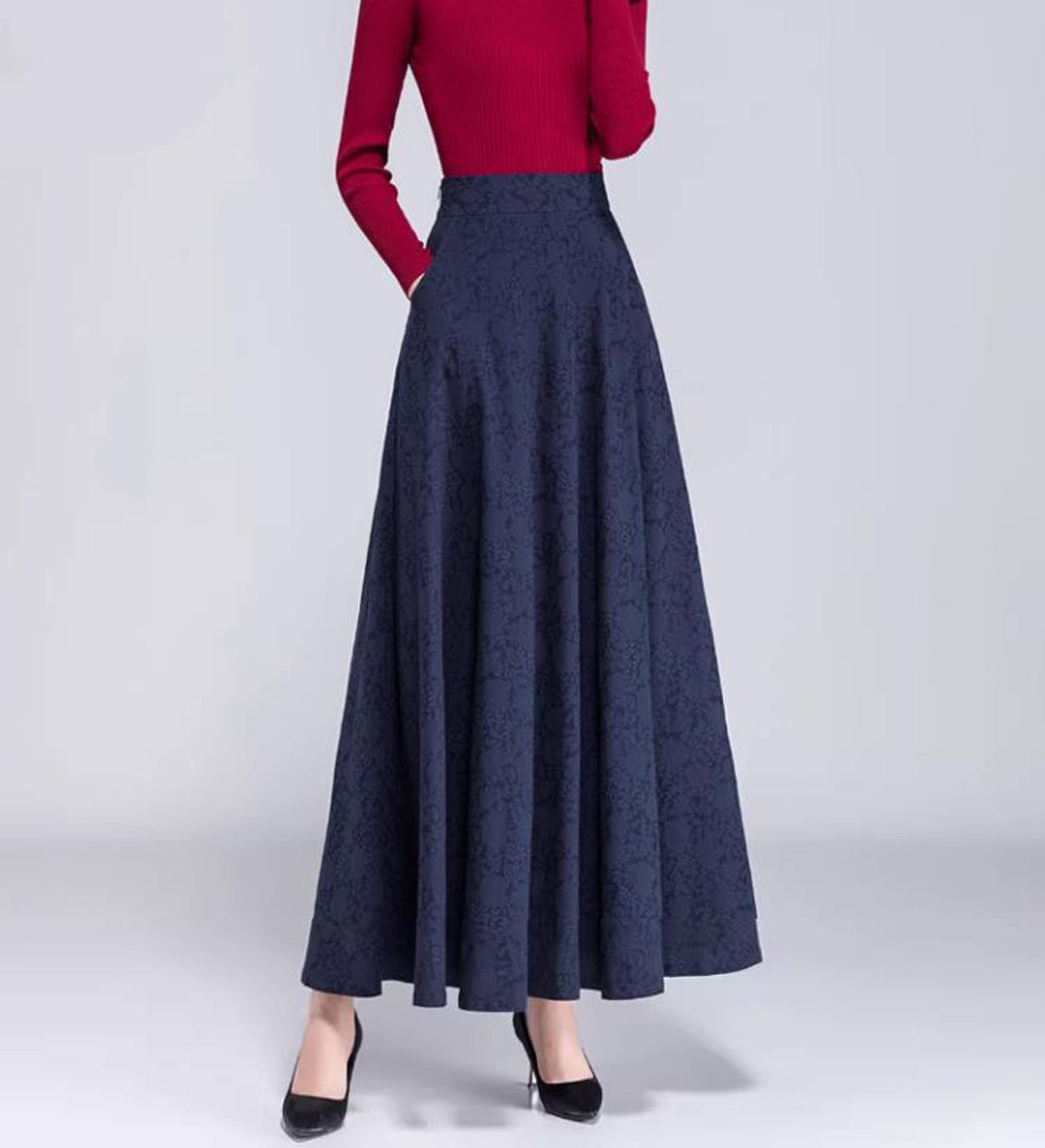 【AAKE】CHECK FLARE LONG SK Women's Flare Skirt, Black Skirt, Maxi Skirt, Jacquard Skirt