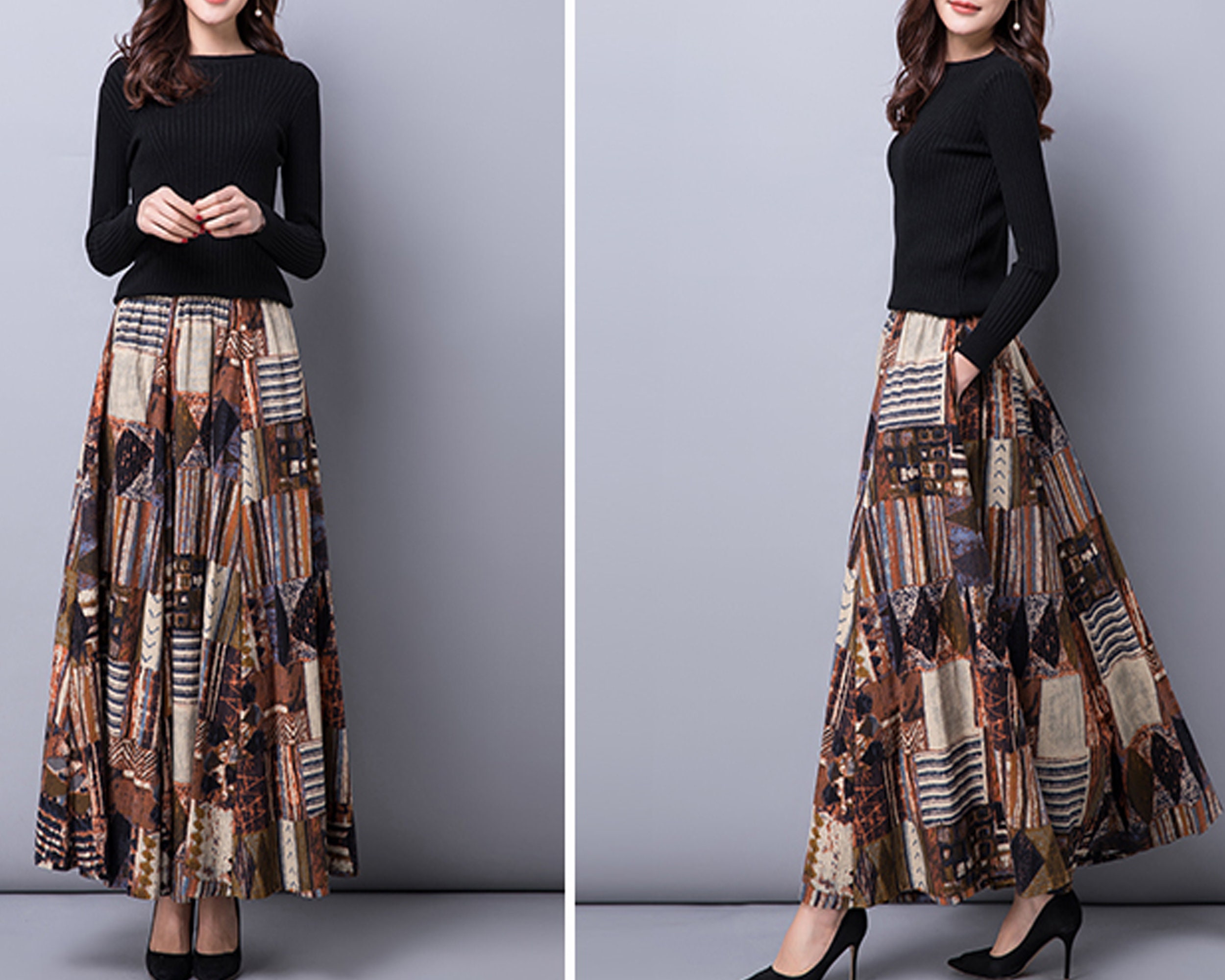 Womens Long Skirt Japanese Style Embroidery A Line Elastic Waist Cotton  Linen