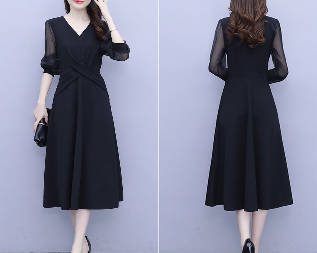 Women's Black Dress, V-neck Dress, Midi Dress, Long Sleeve Dress, A ...
