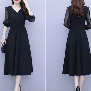 Women&#39;s black dress, v-neck dress, midi dress, long sleeve dress, A-line dress, flare dress, plus size dress, customized dress Q0017