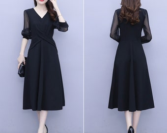 Women's black dress, v-neck dress, midi dress, long sleeve dress, A-line dress, flare dress, plus size dress, customized dress Q0017