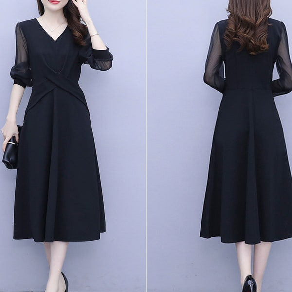 Robe noire femme, robe v-neck, robe midi, robe à manches longues, robe a-ligne, robe flare, robe taille plus, robe personnalisée Q0017