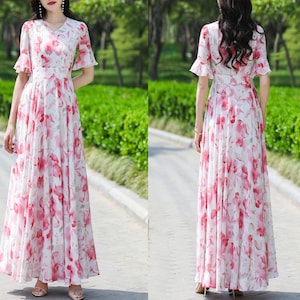 Floral dress, Maxi dress, Chiffon dress, printed dress, short sleeve dress, A-line dress, flare dress, long dress, plus size dress Q0065