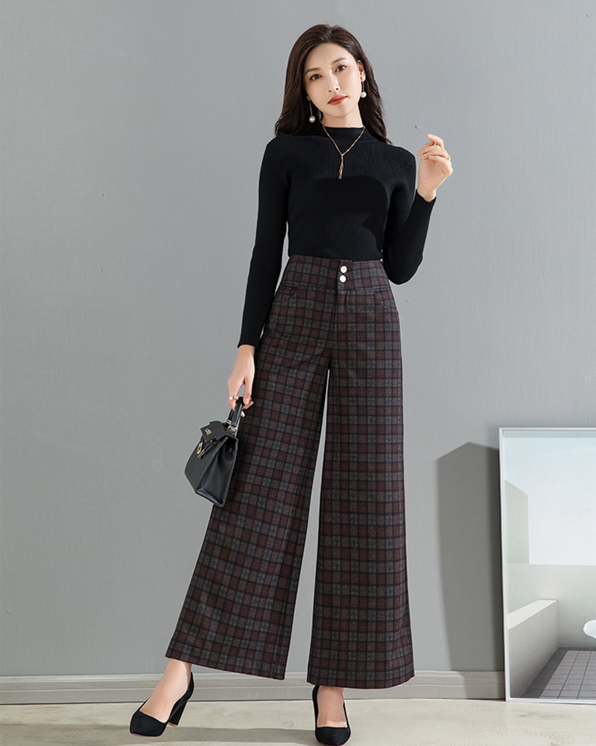 Plaid Pants, Wide Leg Pants, Cotton Pants, Cropped Pants