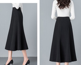 Black Fishtail Midi Skirt: High Waist Flare Skirt