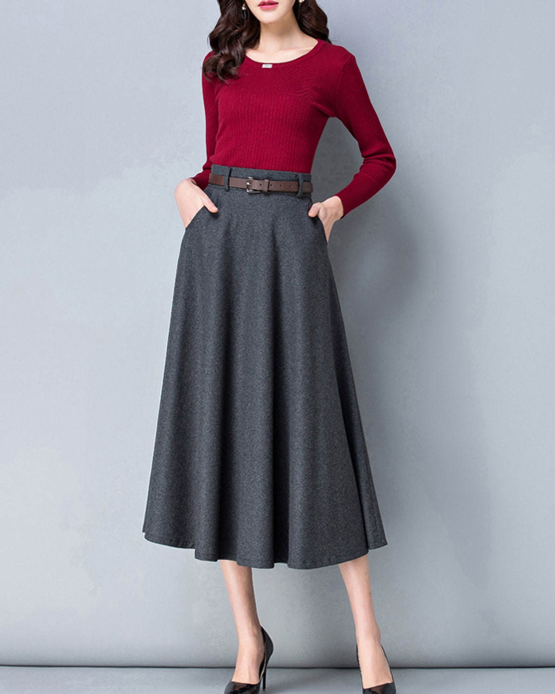 Wool Skirt Midi Skirt Winter Skirt Dark Gray Skirt Long - Etsy