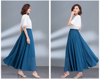 Women&#39;s maxi skirt, chiffon A-line skirt, long skirt, high waist skirt, flare skirt, plus size skirt, customized skirt, black skirt A0018