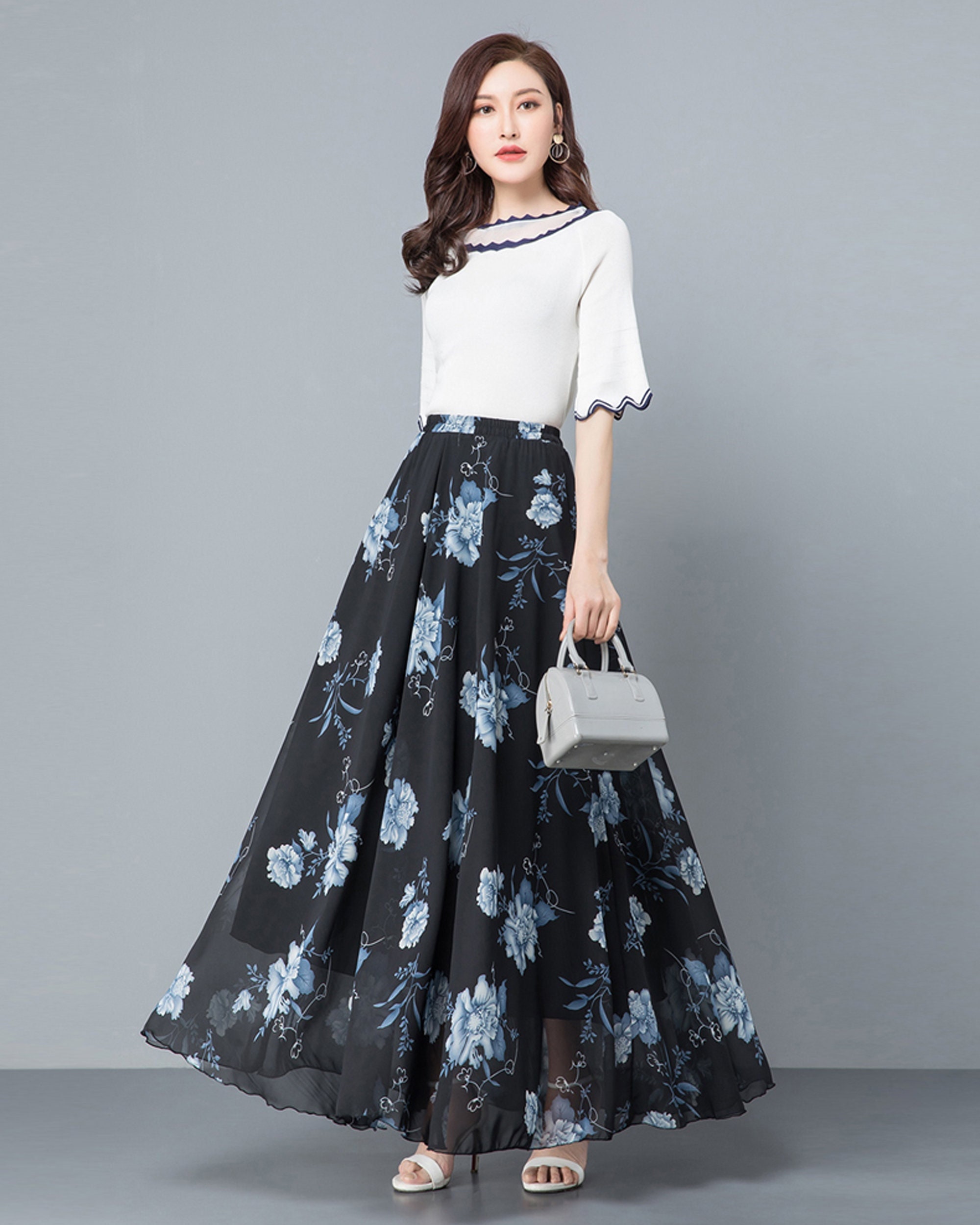 Chiffon Floral Skirt, Printed Skirt, Elastic Waist Skirt, Maxi Skirt, Flare  Skirt, High Waist Skirt, Long Skirt, A-line Skirt Q0055 