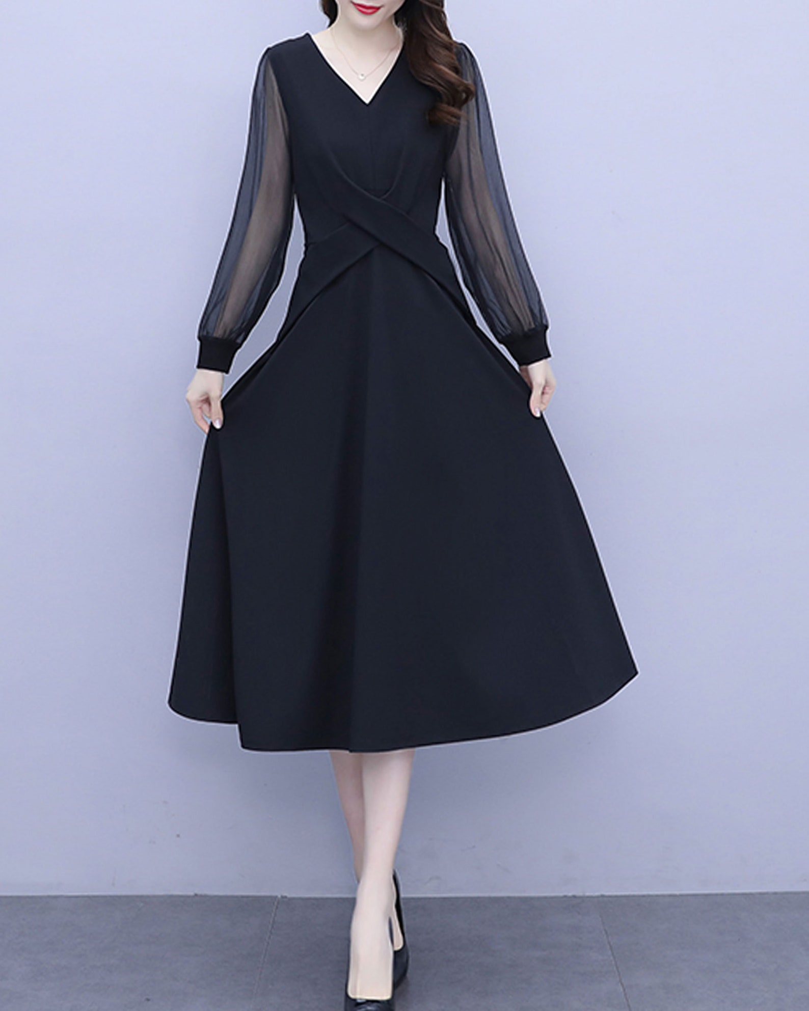 Black V Neck Knitted Midi Dress main image 0