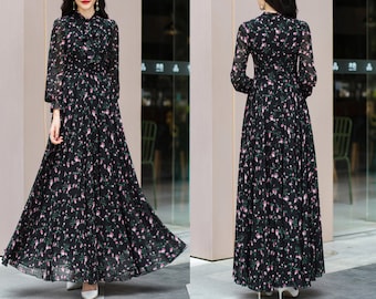 Vestido maxi floral de gasa: Vestido acampanado de manga larga